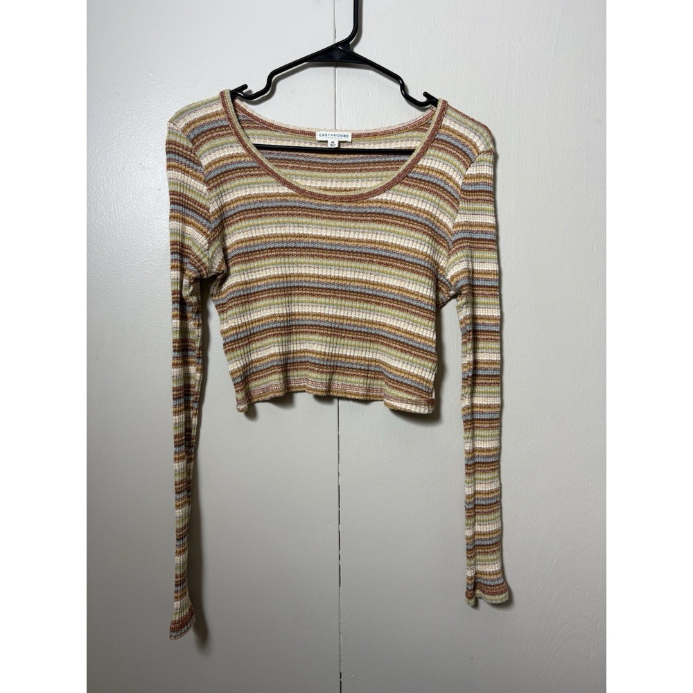Earthbound Trading Co M Striped Rib Knit Crop Top Boho Hippie Y2K Long Sleeves
